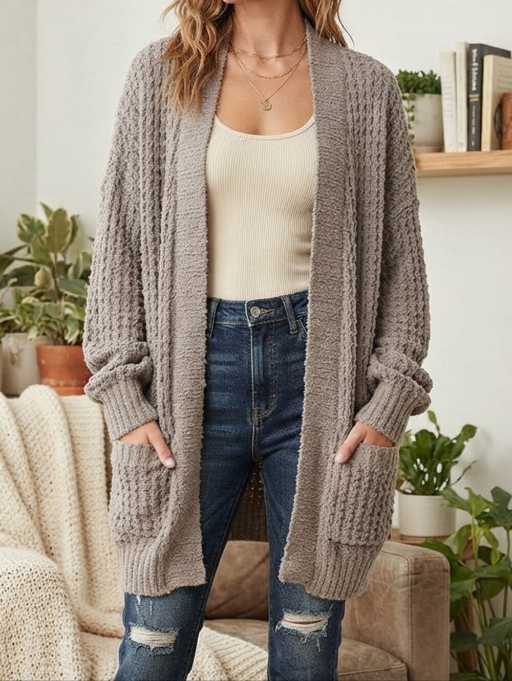 Express Long Chunky Beige Relaxed Oversized Knit Open-Front Cardigan Size S/P